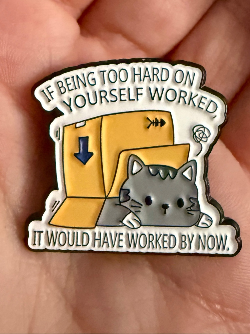 New Funny Working Cat Enamel Pin Office Worker Brooches Box Hide Gray Kitten